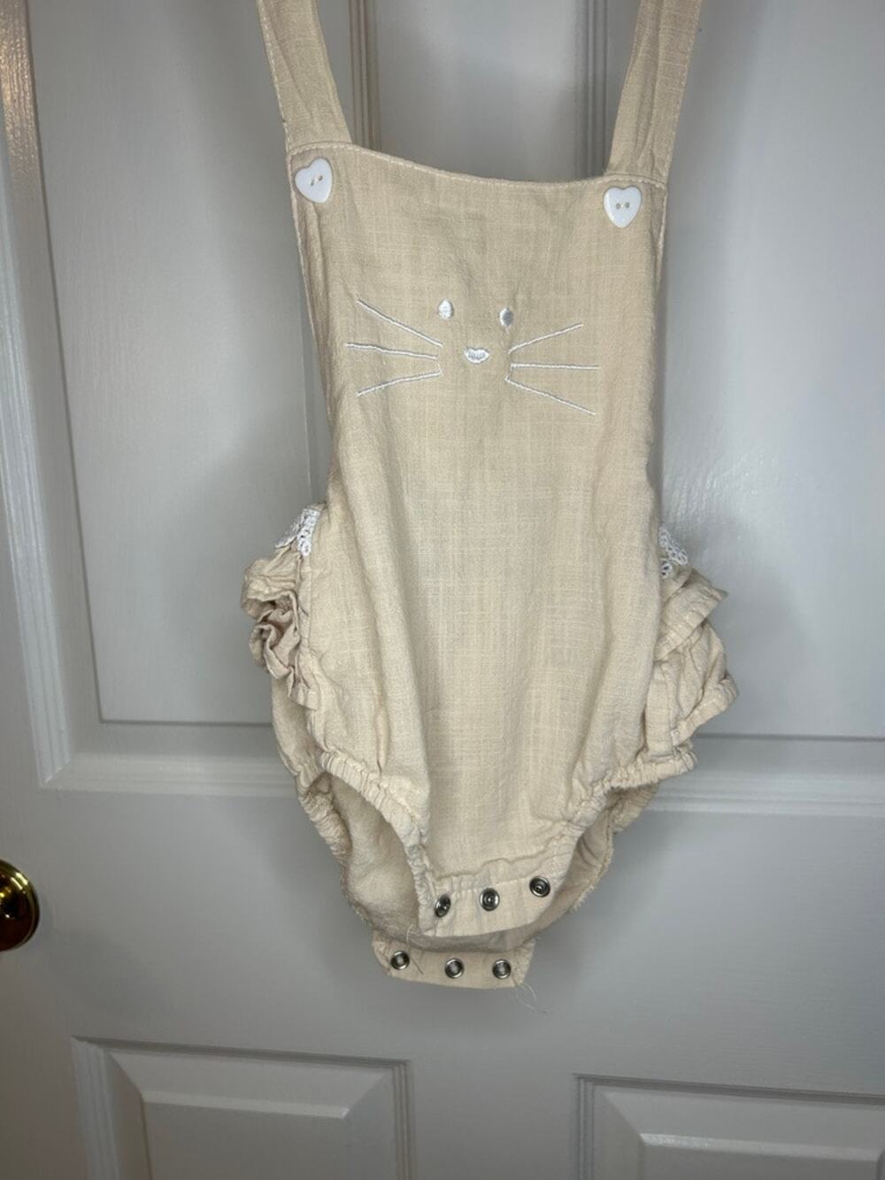 Baby Girl Romper Size 80 Beige Cat Embroidered Ruffle Lace Linen Look Outfit